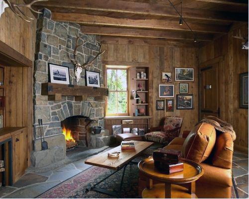 Log Cabin Stone Corner Fireplace Design Inspiration