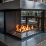 Modern Polished Concrete And Glass Corner Fireplace Design